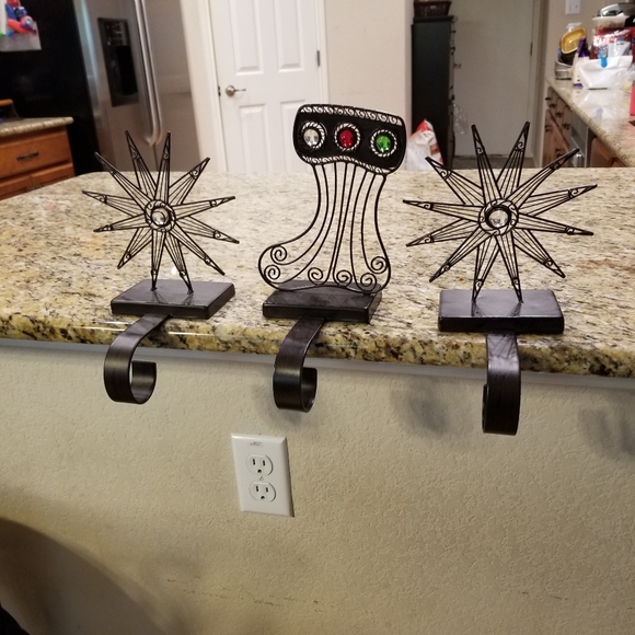 Holiday Vintage Set Of 3 Brown Heavy Metal Jeweled Christmas Stocking